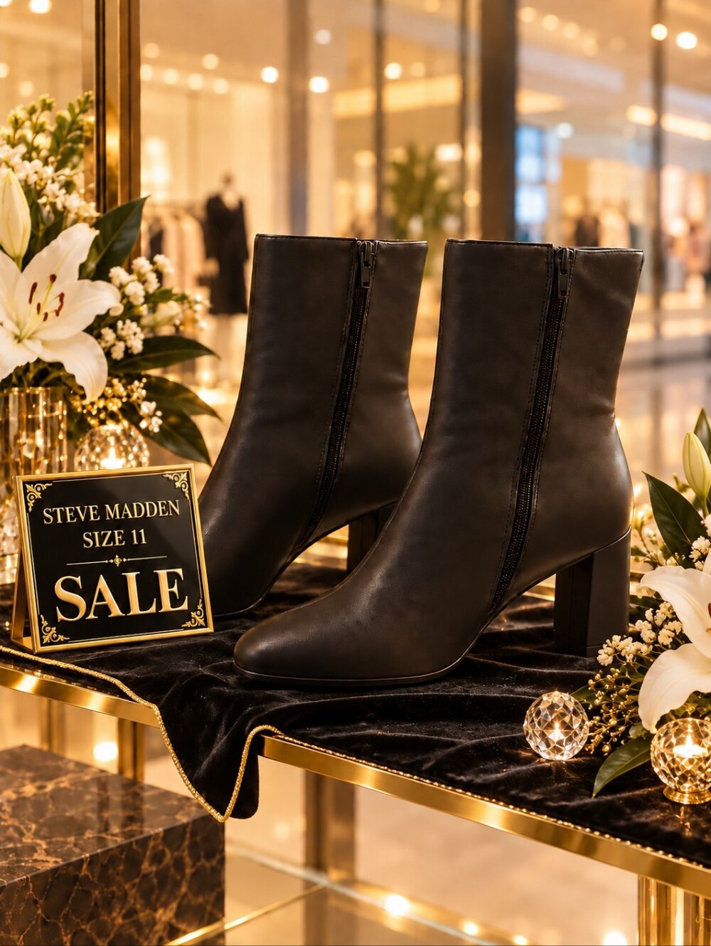 Steve Madden Black Leather Mid-Calf Block Heel Zip Ankle Boots